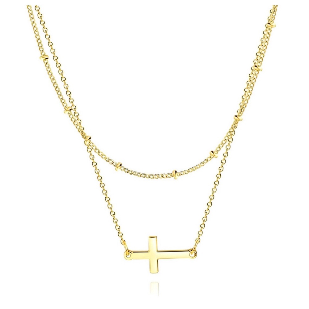 B8. Side Bar Cross Double Necklace